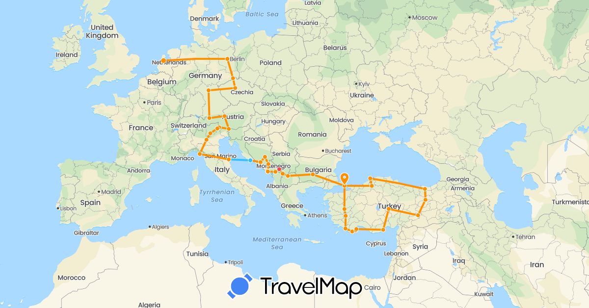 TravelMap itinerary: driving, hiking, boat, hitchhiking in Albania, Bosnia and Herzegovina, Bulgaria, Czech Republic, Germany, Croatia, Italy, Montenegro, Macedonia, Netherlands, Turkey, Kosovo (Asia, Europe)