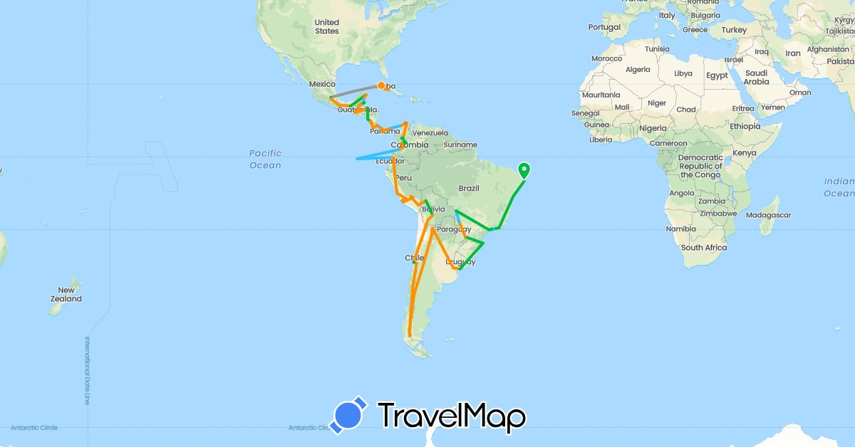 TravelMap itinerary: driving, bus, plane, hiking, boat, hitchhiking in Argentina, Bolivia, Brazil, Belize, Chile, Colombia, Costa Rica, Cuba, Ecuador, Guatemala, Honduras, Mexico, Nicaragua, Panama, Peru, Uruguay (North America, South America)