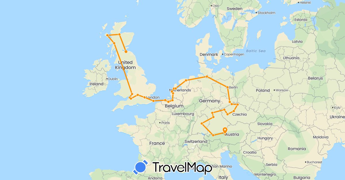 TravelMap itinerary: driving, hitchhiking in Austria, Belgium, Czech Republic, Germany, United Kingdom, Netherlands (Europe)